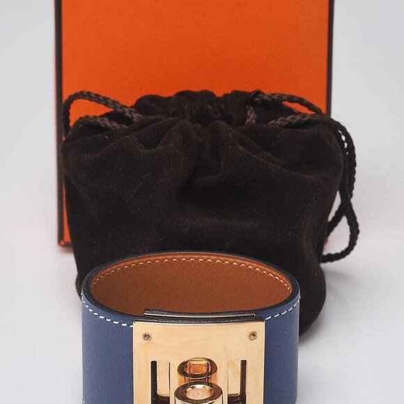 Hermes Bleu Brighton Swift Leather Gold Plated Kelly Dog Bracelet Size T1 - Picture 3 of 8